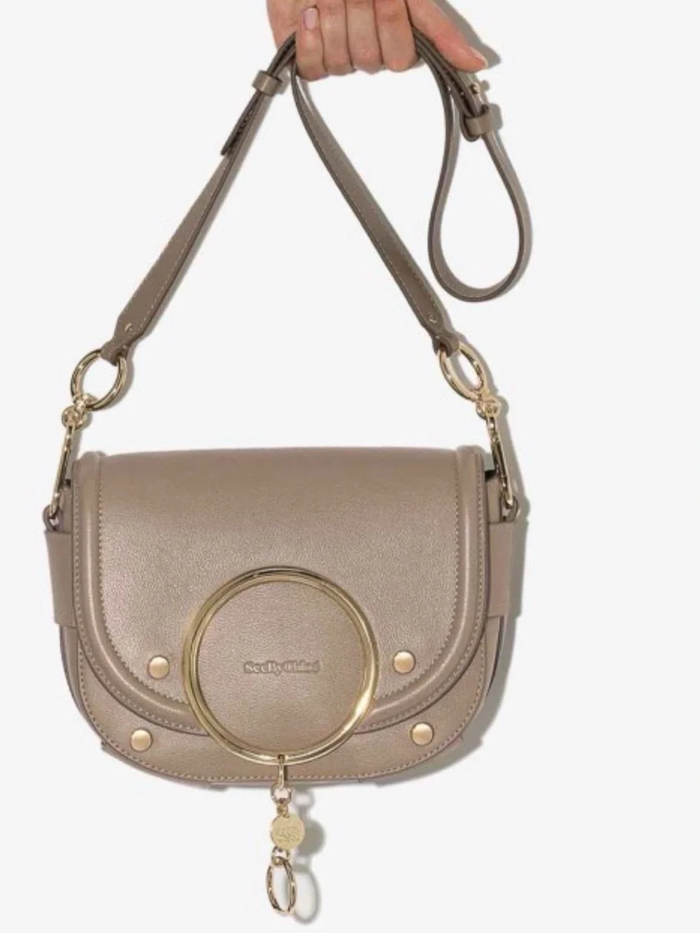 See By Chloe Taupe Leather Crossbody Mara Bag with Gold Ring Accent